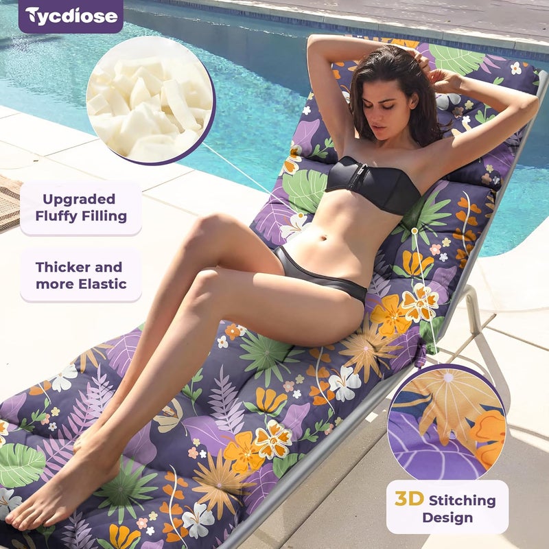 Tycdiose Outdoor Chaise Lounge Chair Cushion Waterproof 74.4 x 22 x 4.7 Inches Thickened Memory Foam Patio Lounge Chair Cushions Replacement for Outdoor Furniture with Ties, Purple Floral Leaf - Image 2